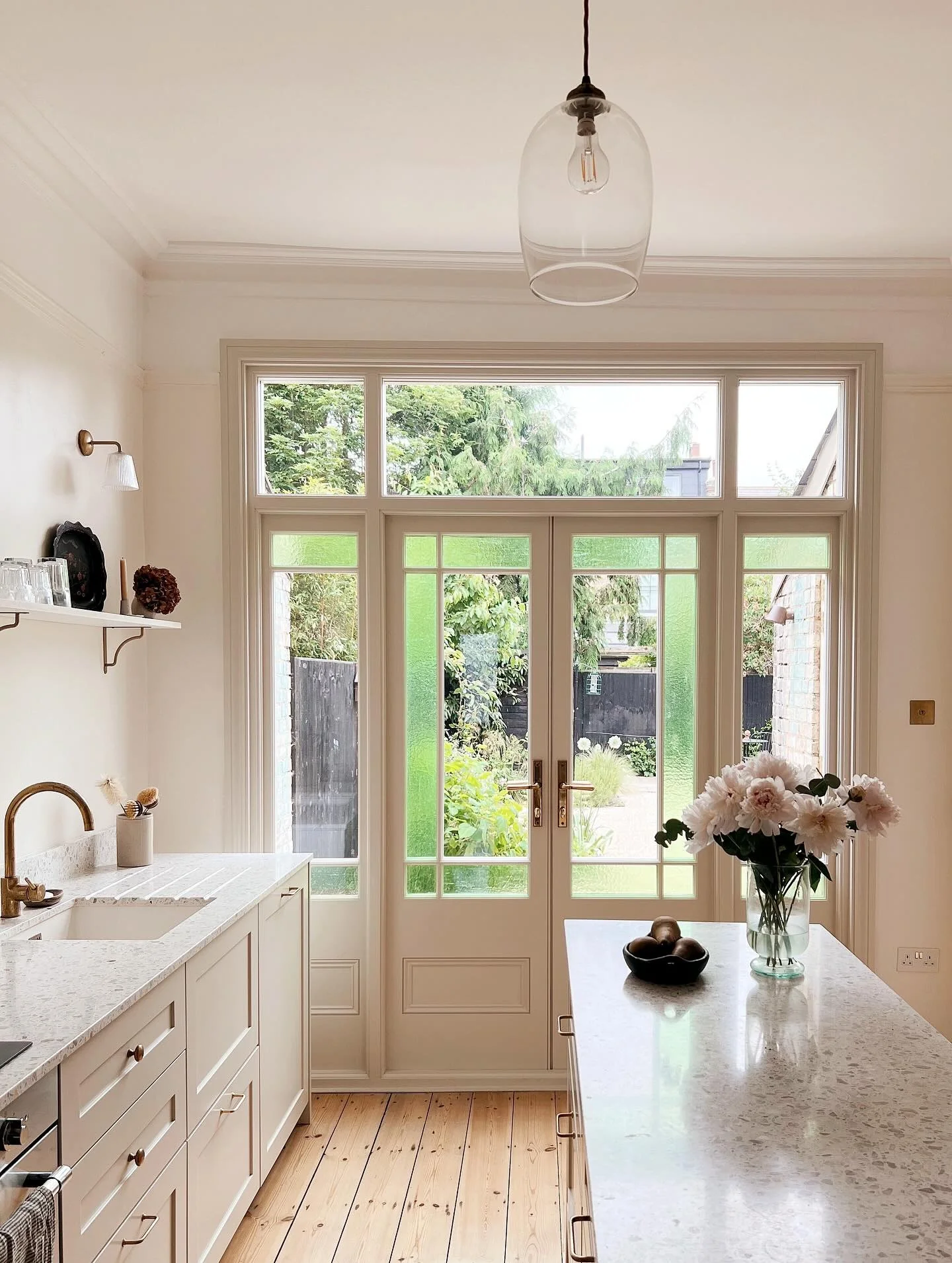 Frosted Green Panes Soften French Door Views