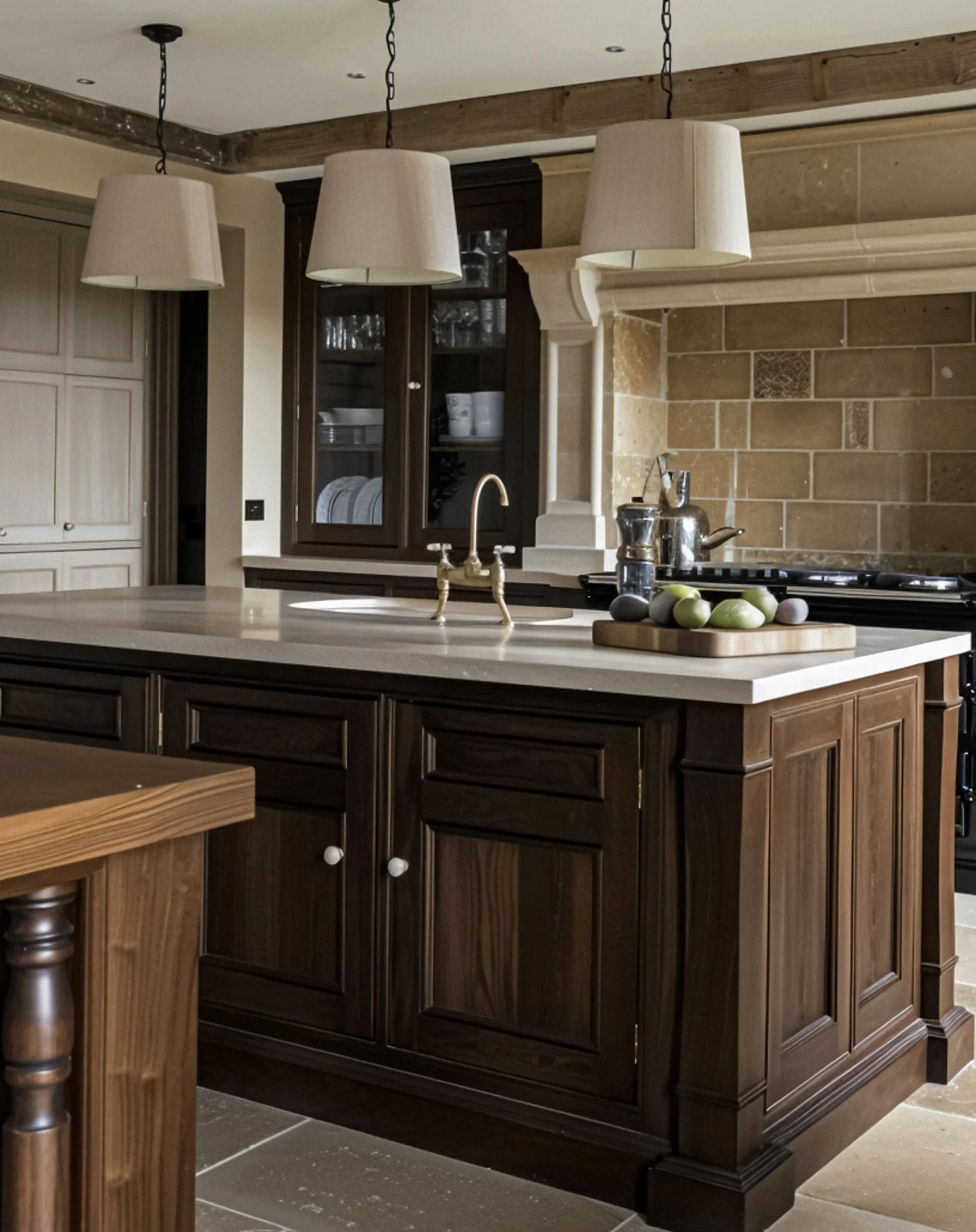 Dark Wood Island with Sculptural Stone Backsplash