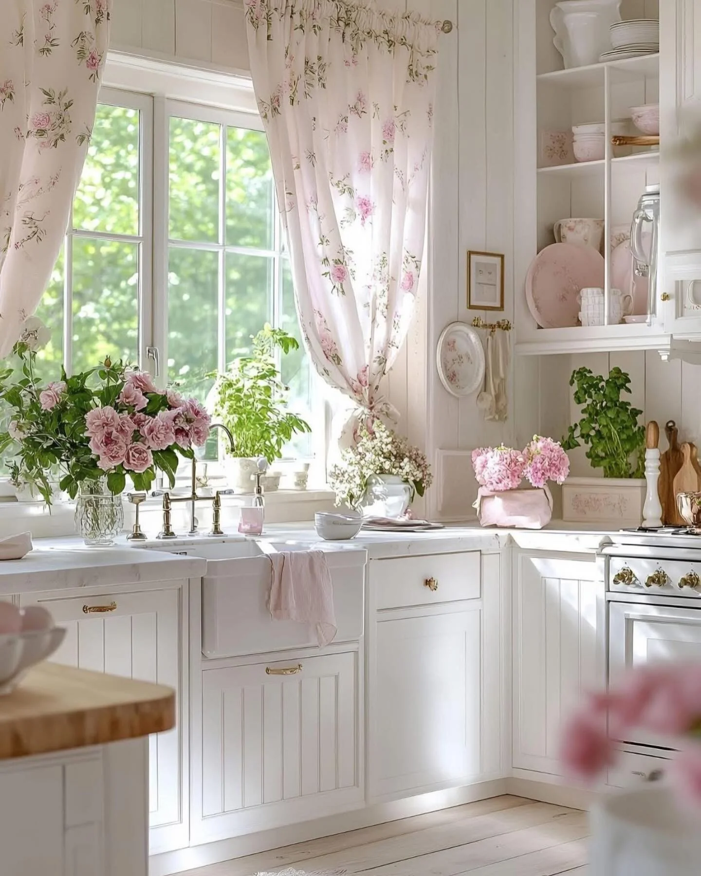 Floral Curtains Soften a Bright Kitchen Window