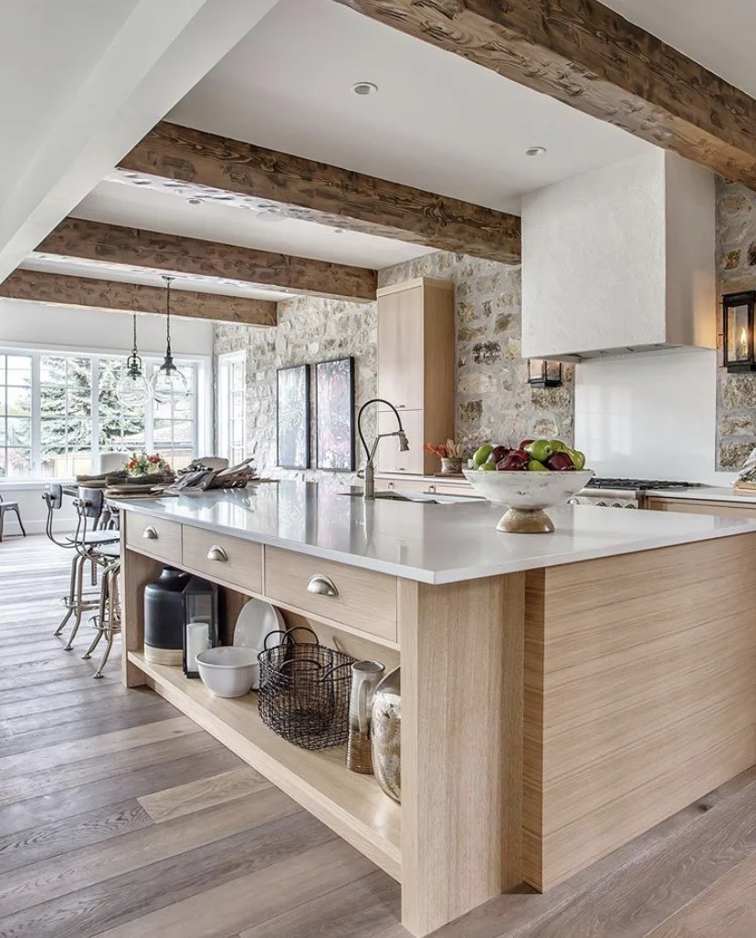Wood Island With Open Shelving Displays Kitchen Essentials