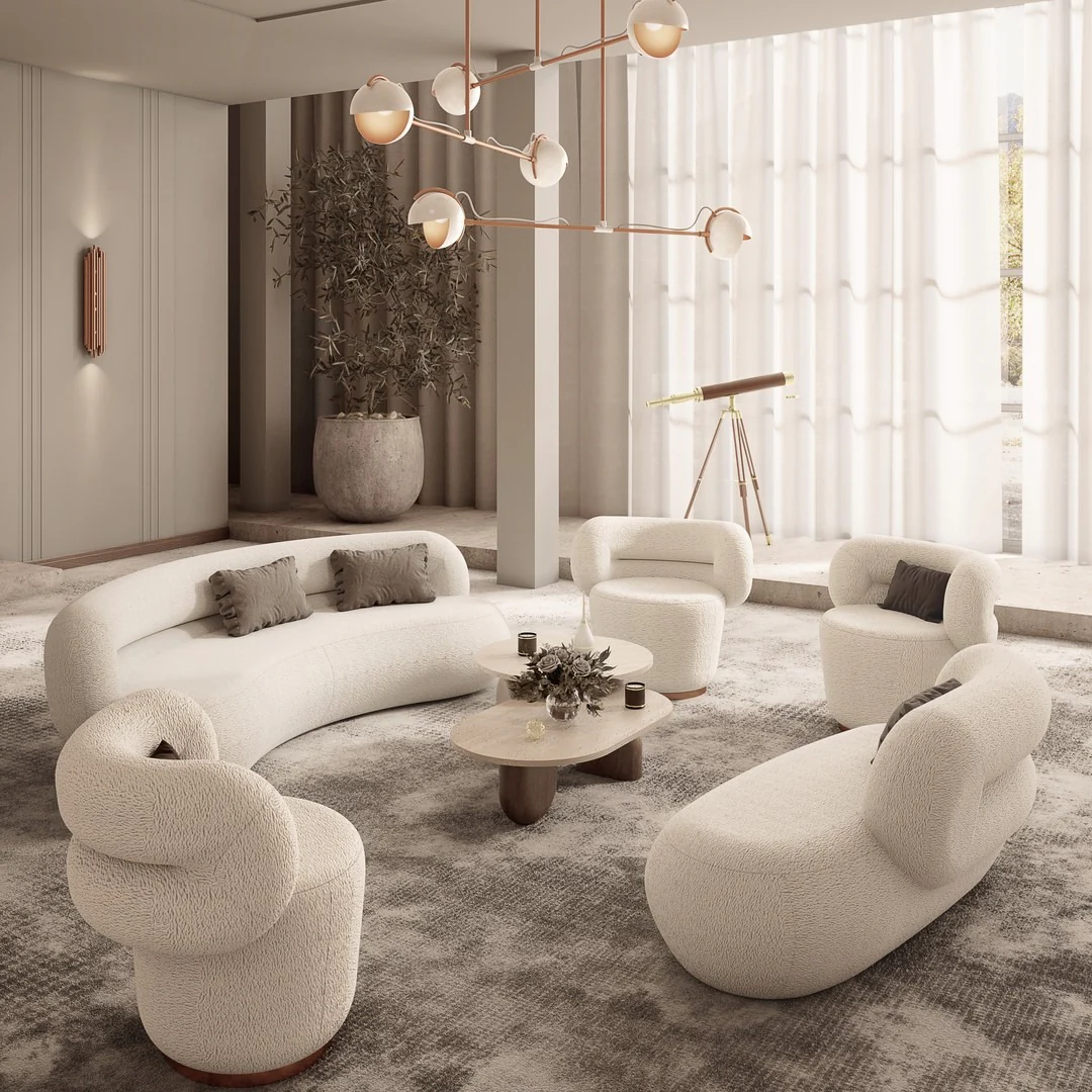 Sculptural Bouclé Seating Creates a Cozy Conversation Nook