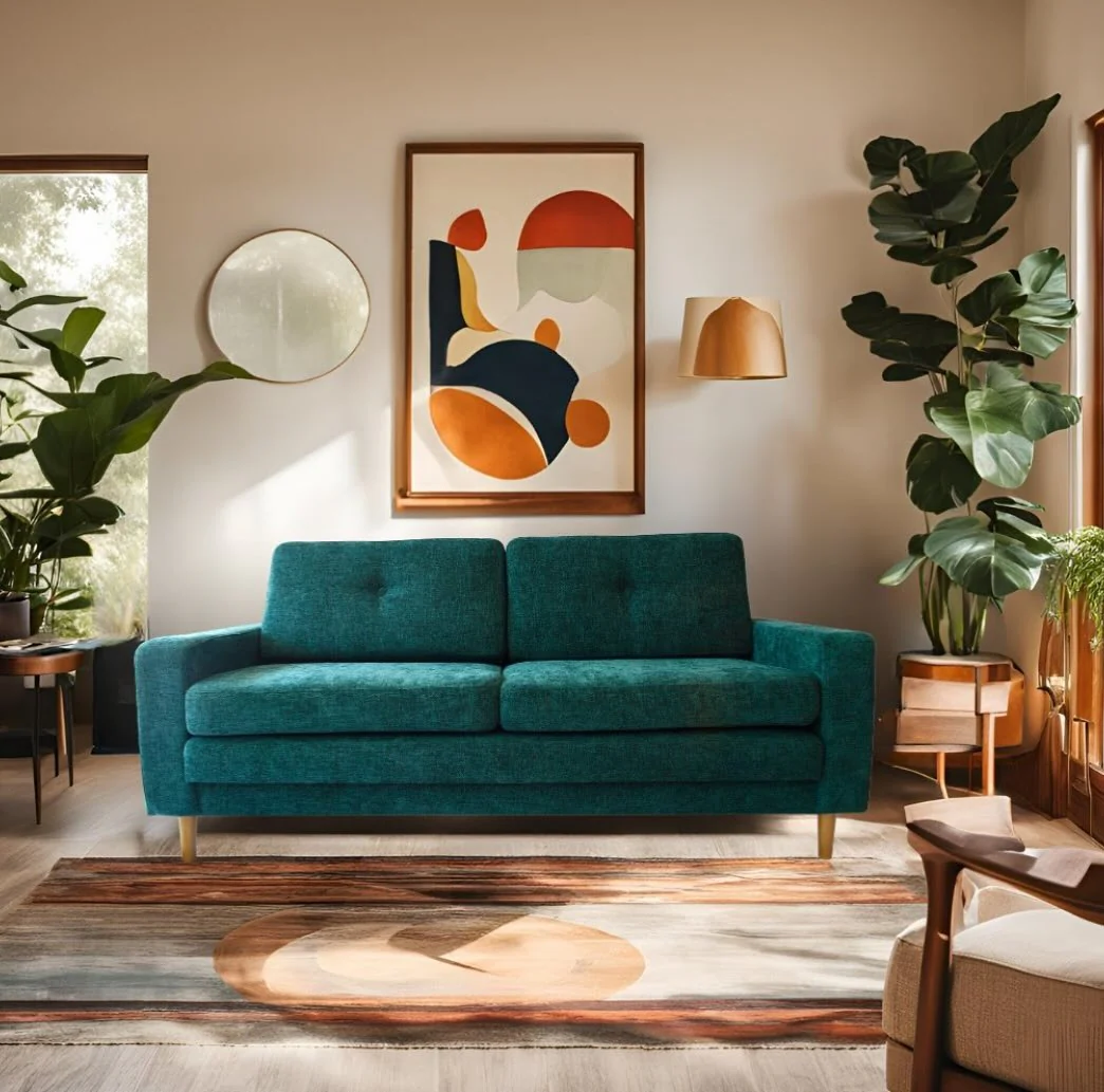 Balance Vertical Lines with Abstract Art and a Round Mirror
