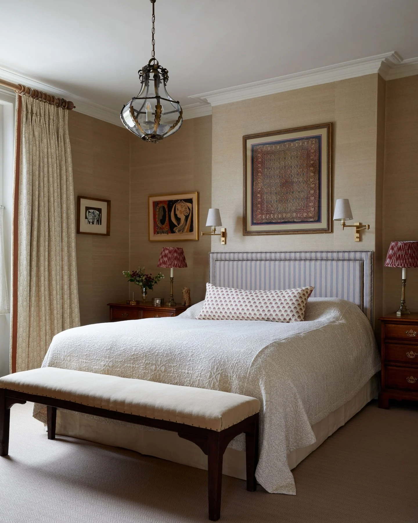 Framed Textile Art Adds Rich Pattern Above the Bed