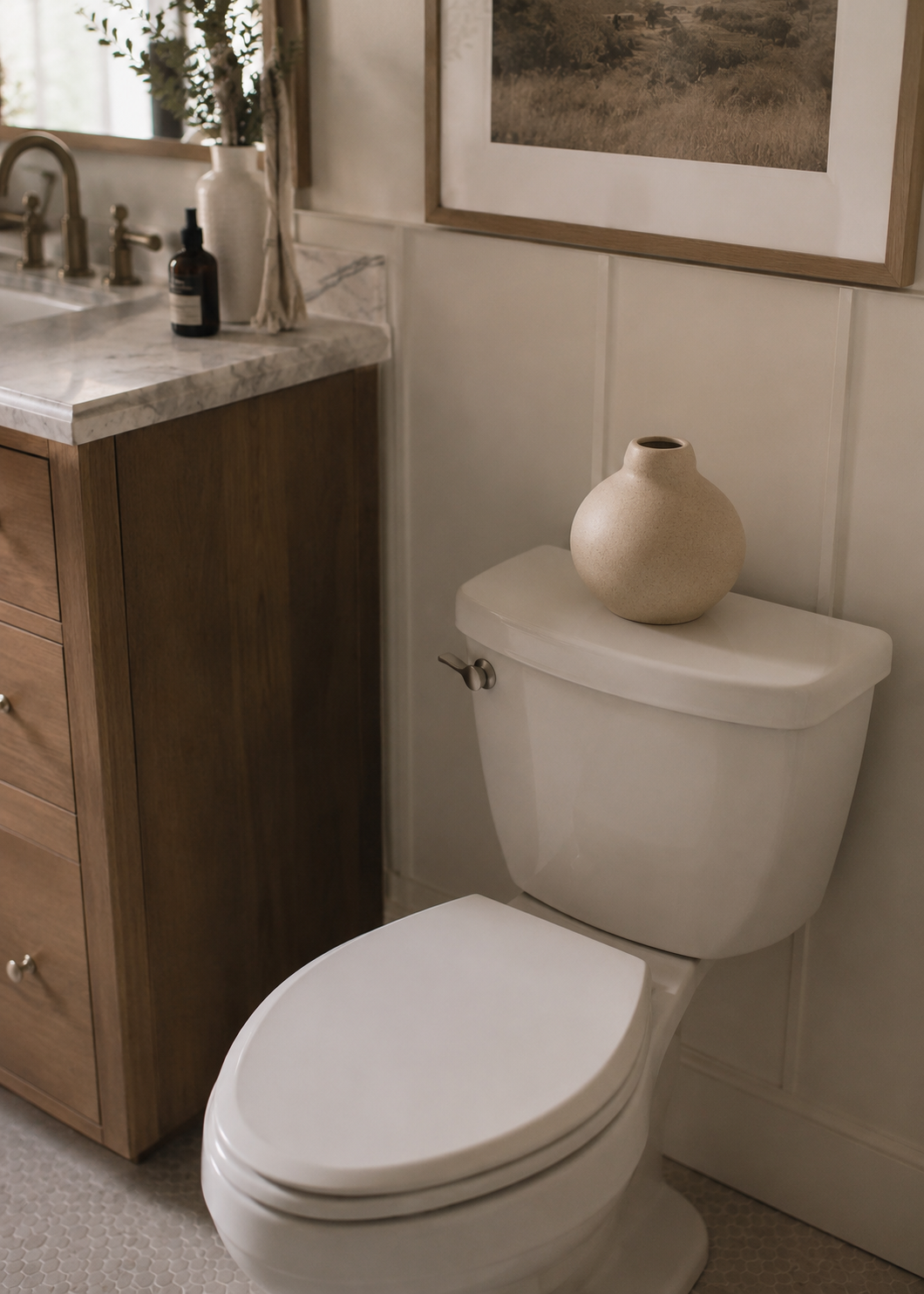 Textured Speckled Vase Adds Organic Shape Above Toilet