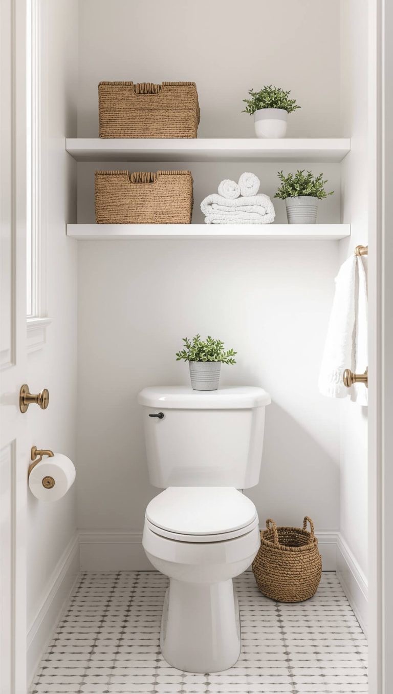 Woven Baskets Corral Toiletries on Floating Shelves