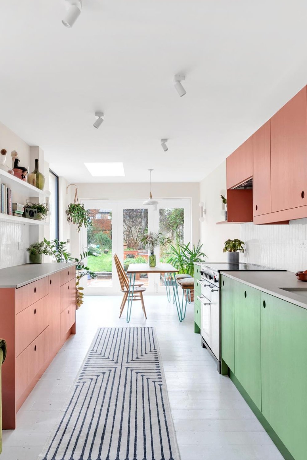 Coral Cabinets with Mint Green Units for a Playful Palette