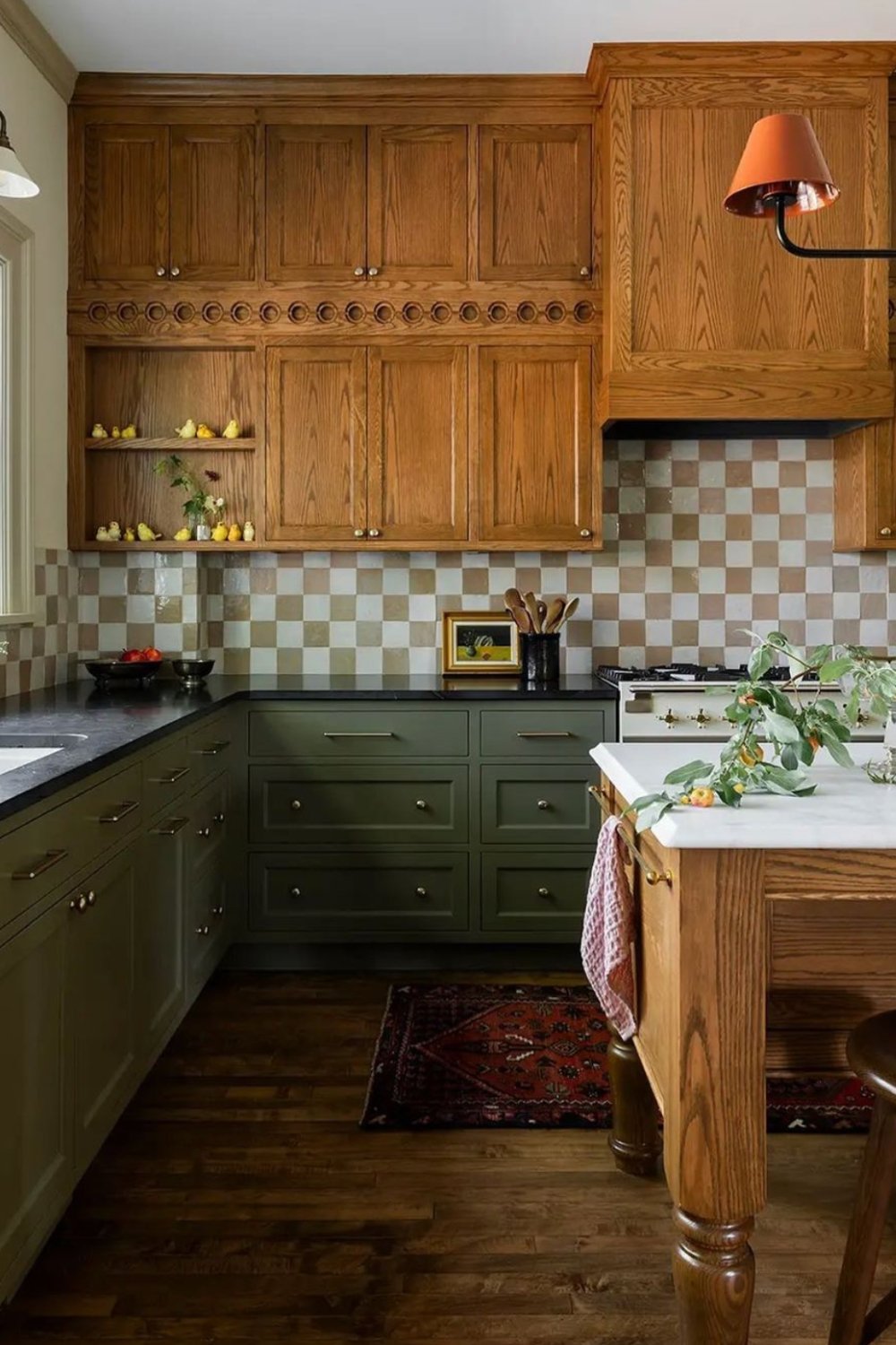 Deep Forest Green Base Cabinets with Natural Wood Upper Cabinets