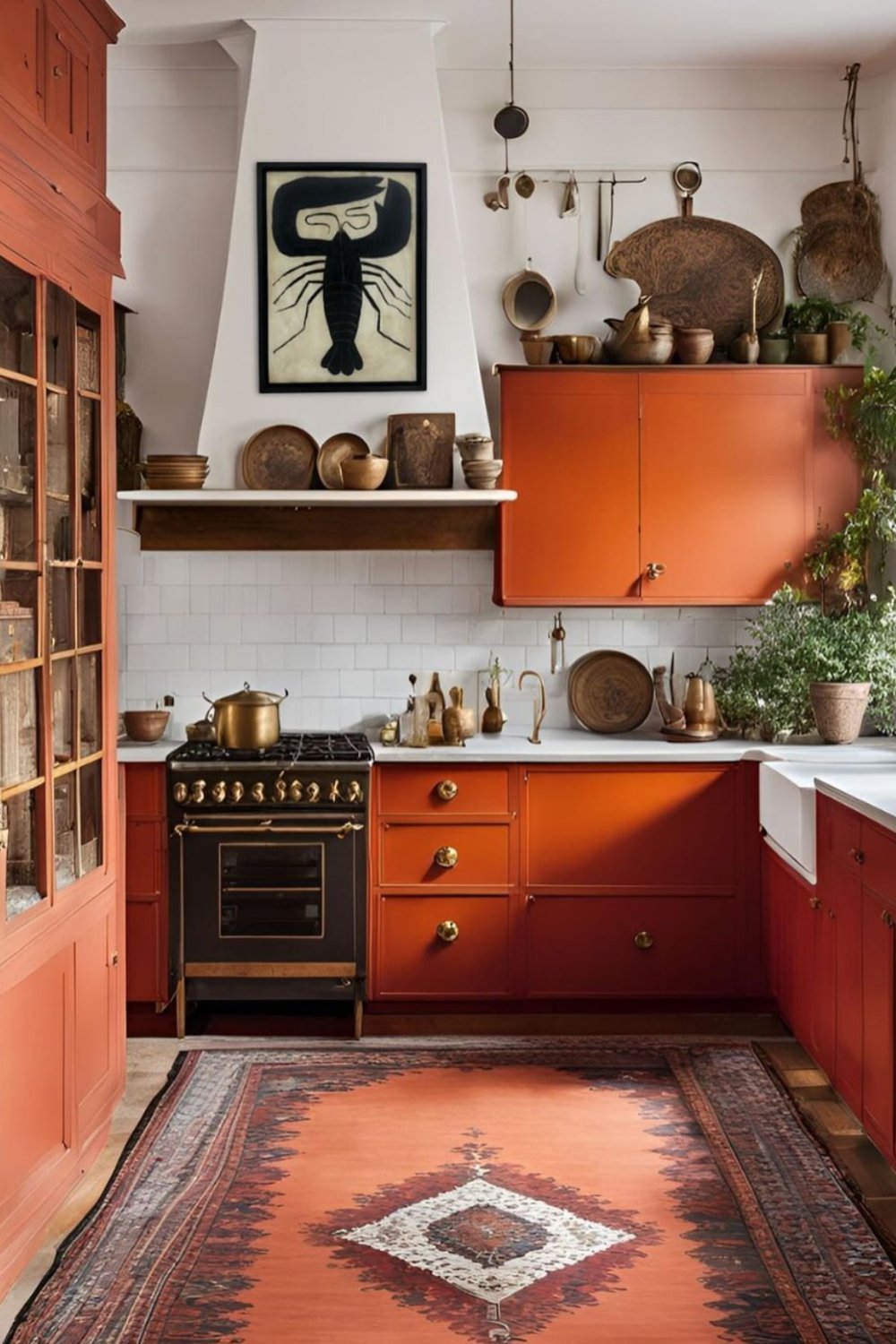 Burnt Orange Cabinets with Black Stove Create a Warm Focal Point