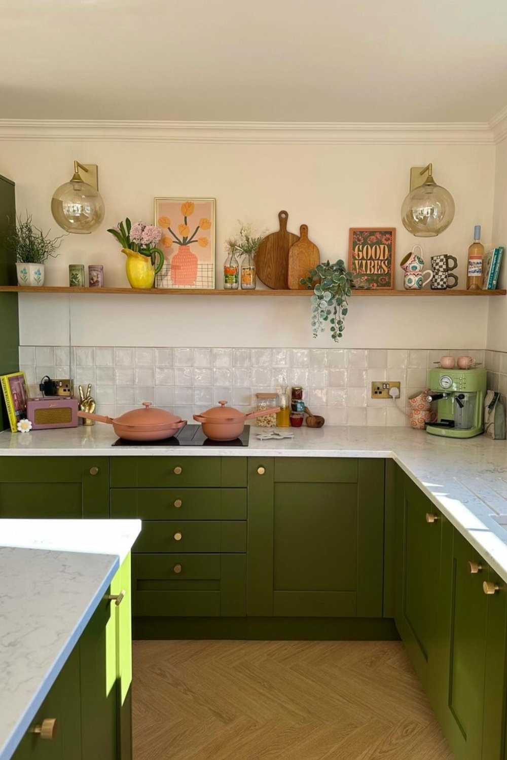 Earthy Olive Green Cabinets with Warm Brass Knobs