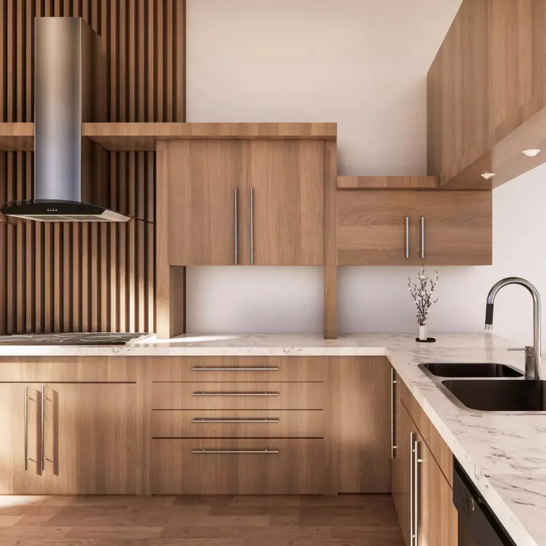 Vertical Wood Slats Frame a Sleek Range Hood