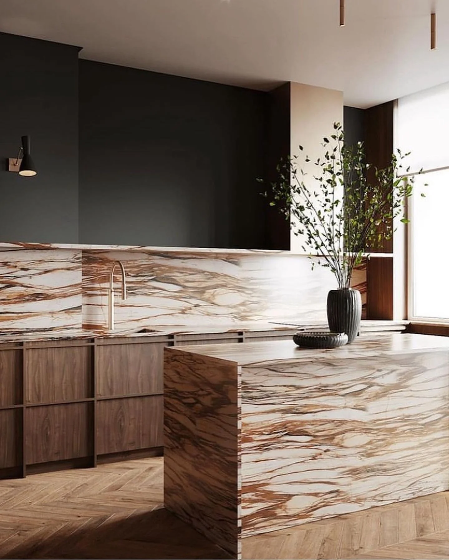 Dramatic Marble Waterfall Island Adds a Warm Focal Point