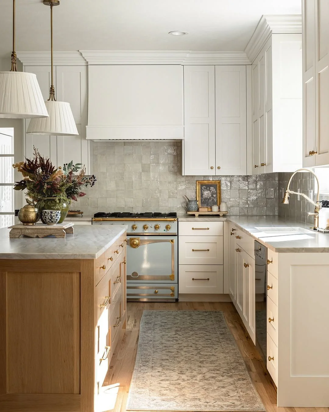 Soft Grey Square Tiles Create a Subtle, Textured Kitchen Backsplash
